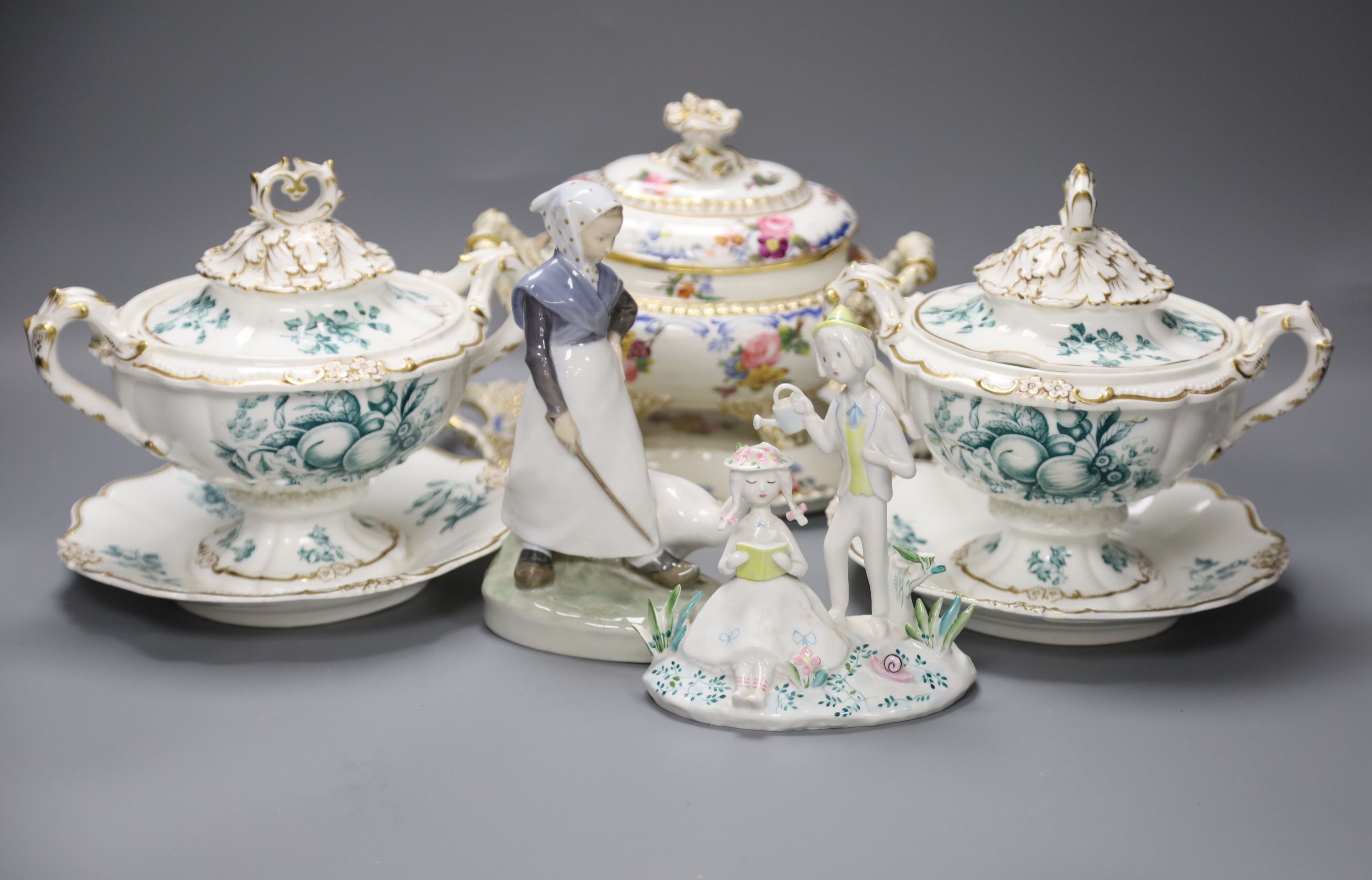 A pair of Ridgway porcelain tureens and integral stands and tureen cover and stand, height 18cm, a Royal Copenhagen figure and a Rosent